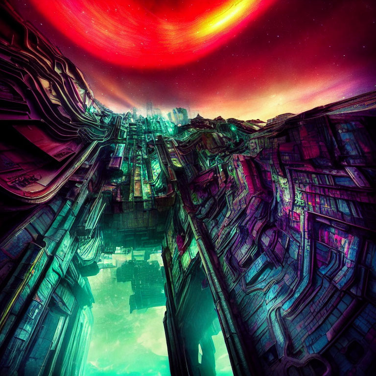 Futuristic neon-lit cityscape under swirling sky