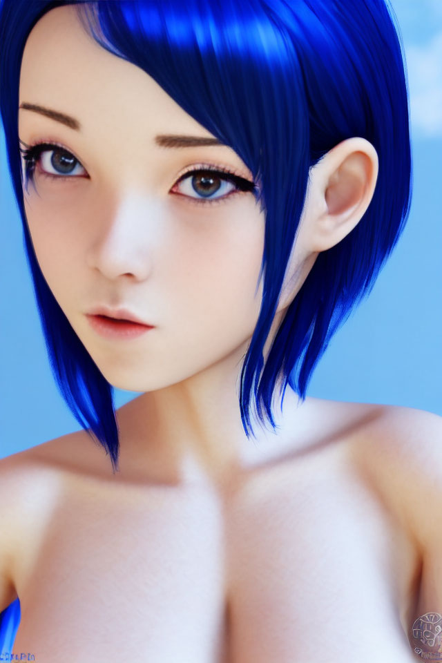 Female character with blue hair and pointed ears in detailed digital artwork