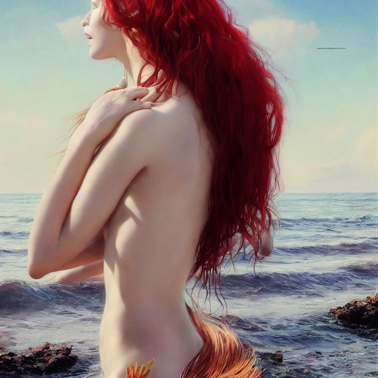 Surrealist red-haired woman with fish tail in serene seascape