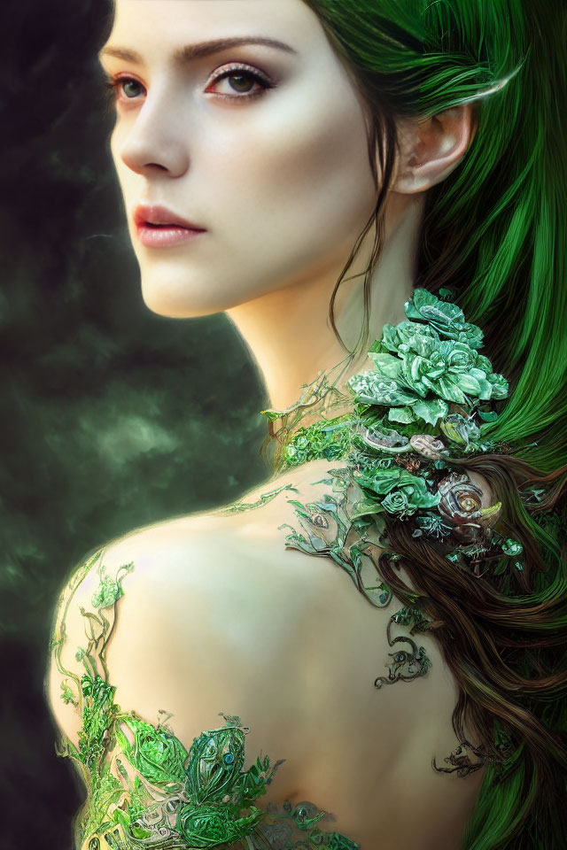 Striking green hair woman with floral body art in misty background