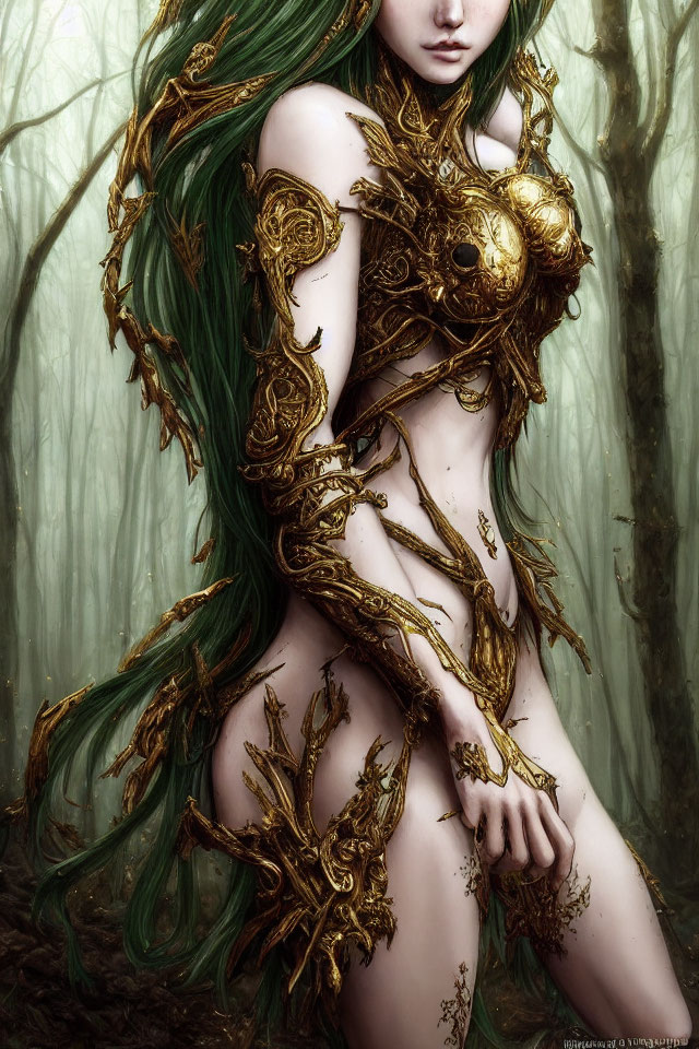 Fantasy illustration of pale-skinned female in golden armor with green hair in misty forest