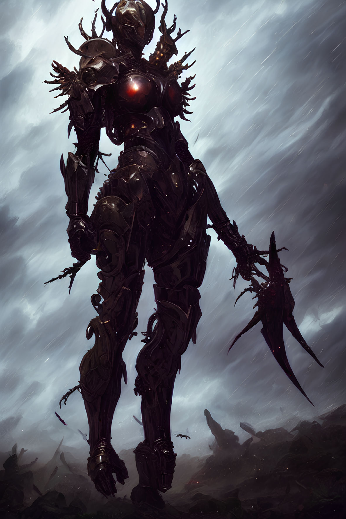 Armored figure with glowing eyes on stormy battlefield