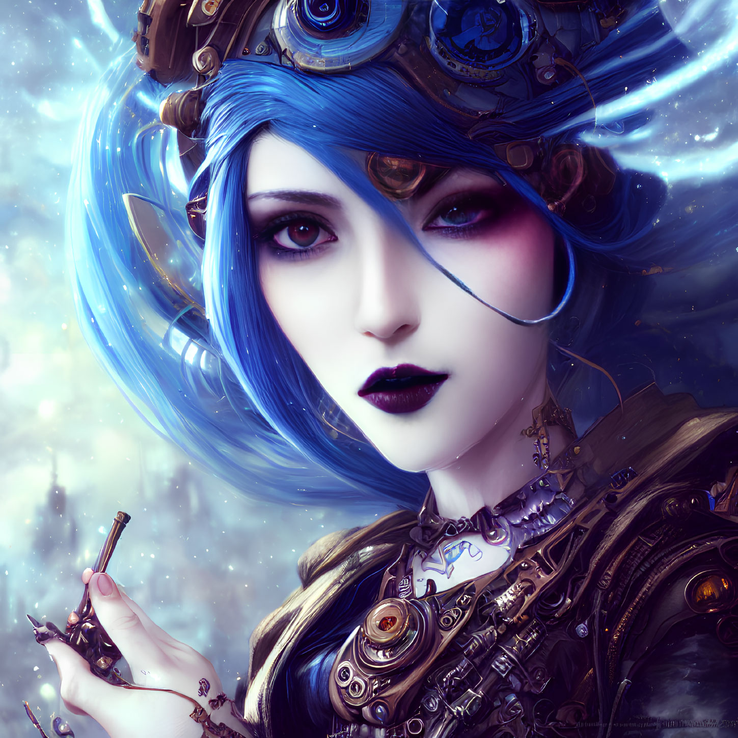 Steampunk-themed digital art of a woman with blue hair and mechanical accessories