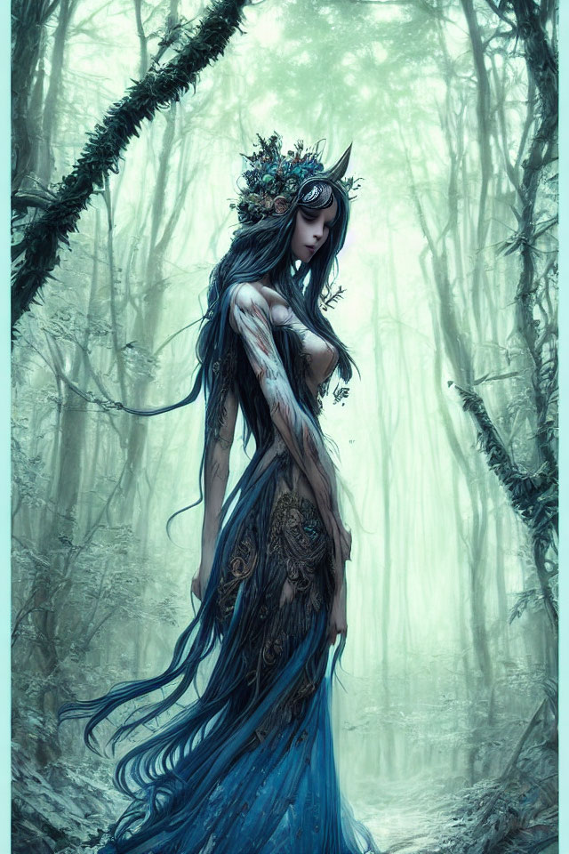 Mystical forest nymph in ornate headgear and blue robes in enchanted woodland