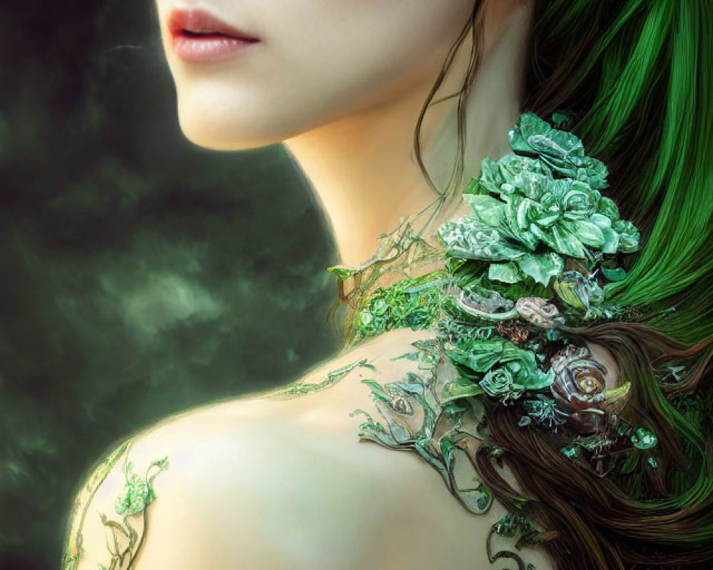 Striking green hair woman with floral body art in misty background