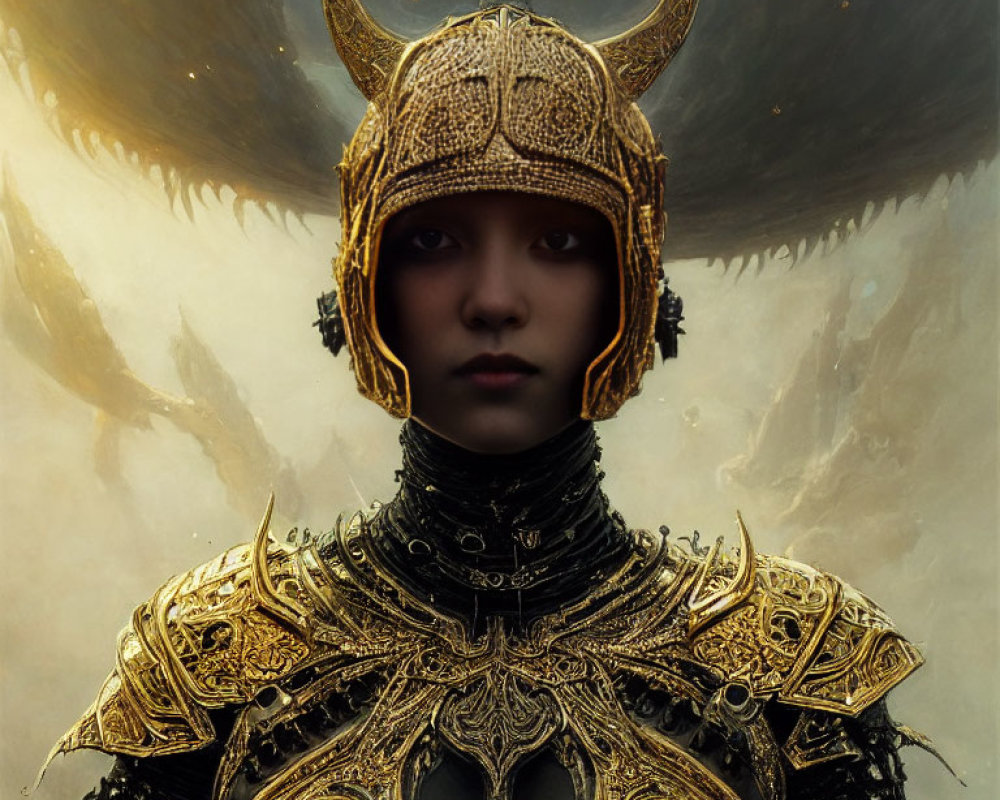 Golden armored figure with horned helmet in somber gaze