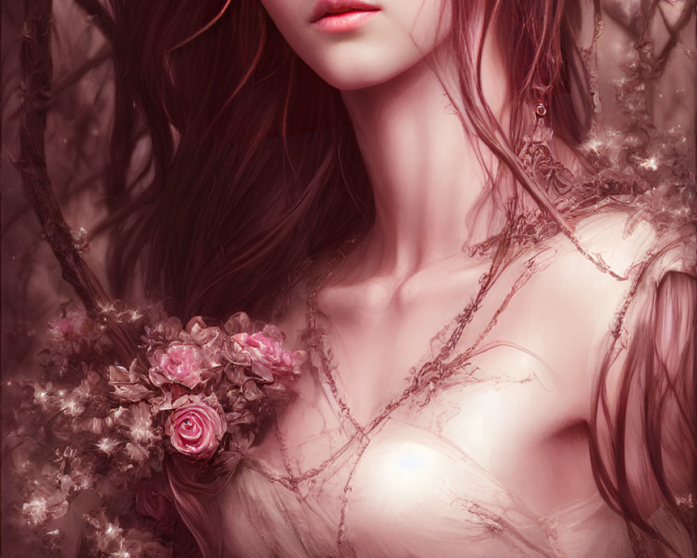 Fantastical elf with floral crown and vine garments on blush-toned backdrop