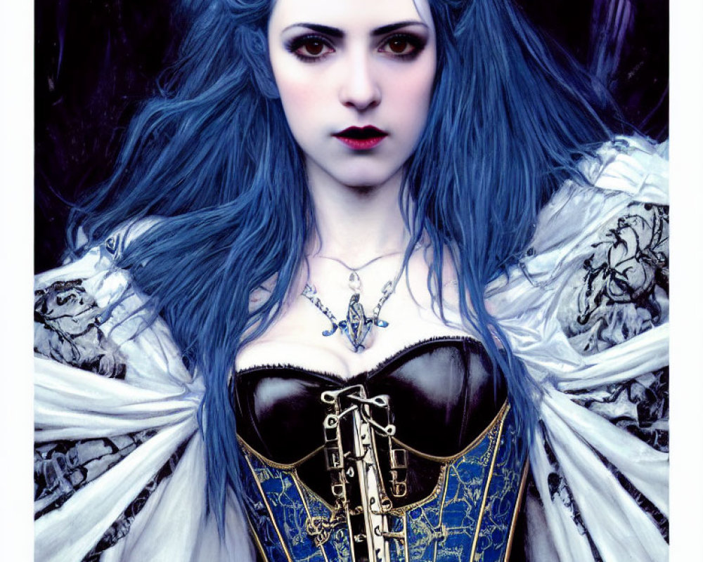 Elaborate Gothic attire with black corset, white ruffled sleeves, and blue hair