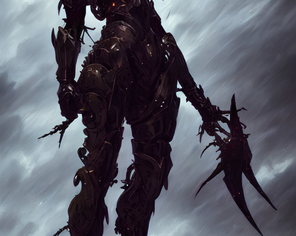 Armored figure with glowing eyes on stormy battlefield