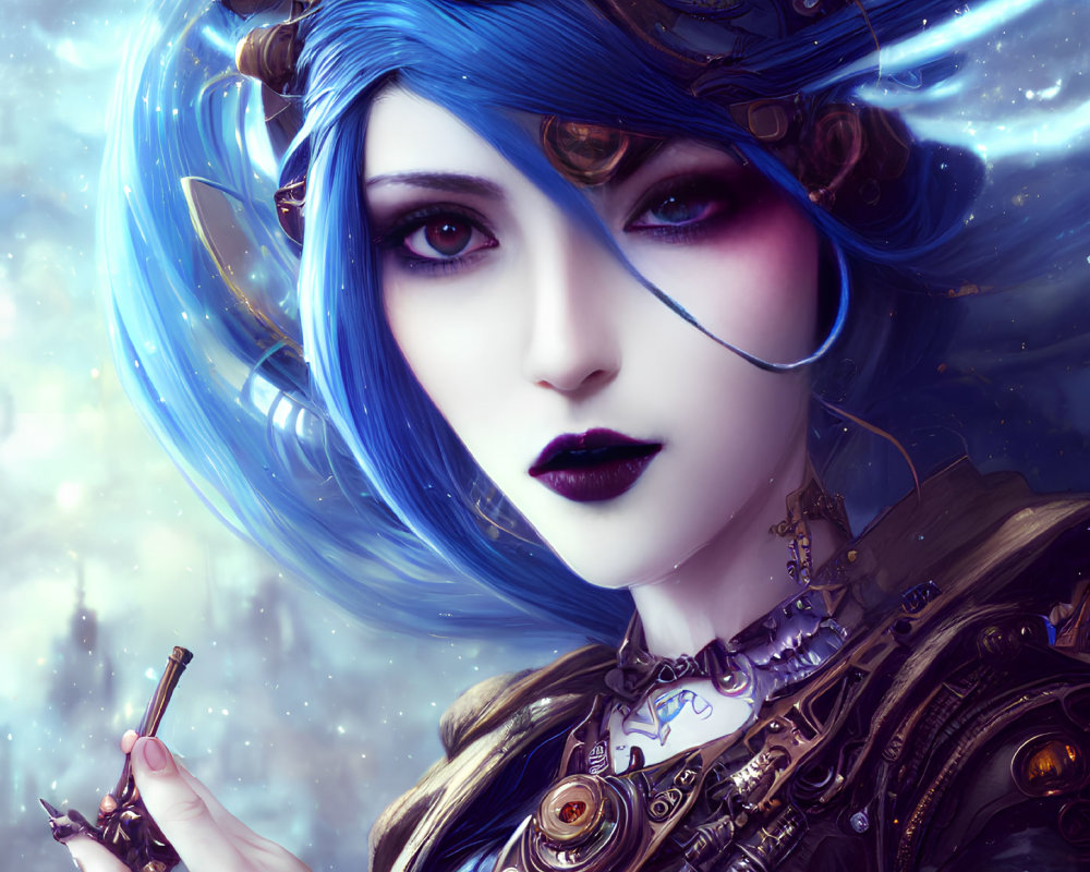 Steampunk-themed digital art of a woman with blue hair and mechanical accessories