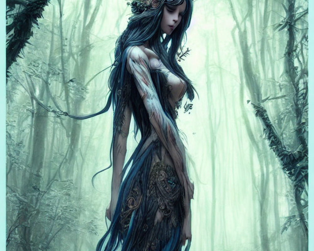 Mystical forest nymph in ornate headgear and blue robes in enchanted woodland