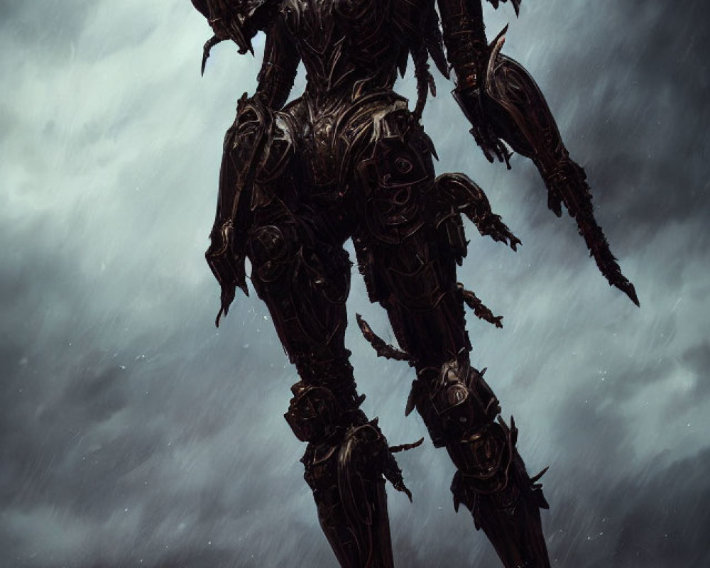 Dark Armored Figure with Glowing Eyes under Stormy Sky