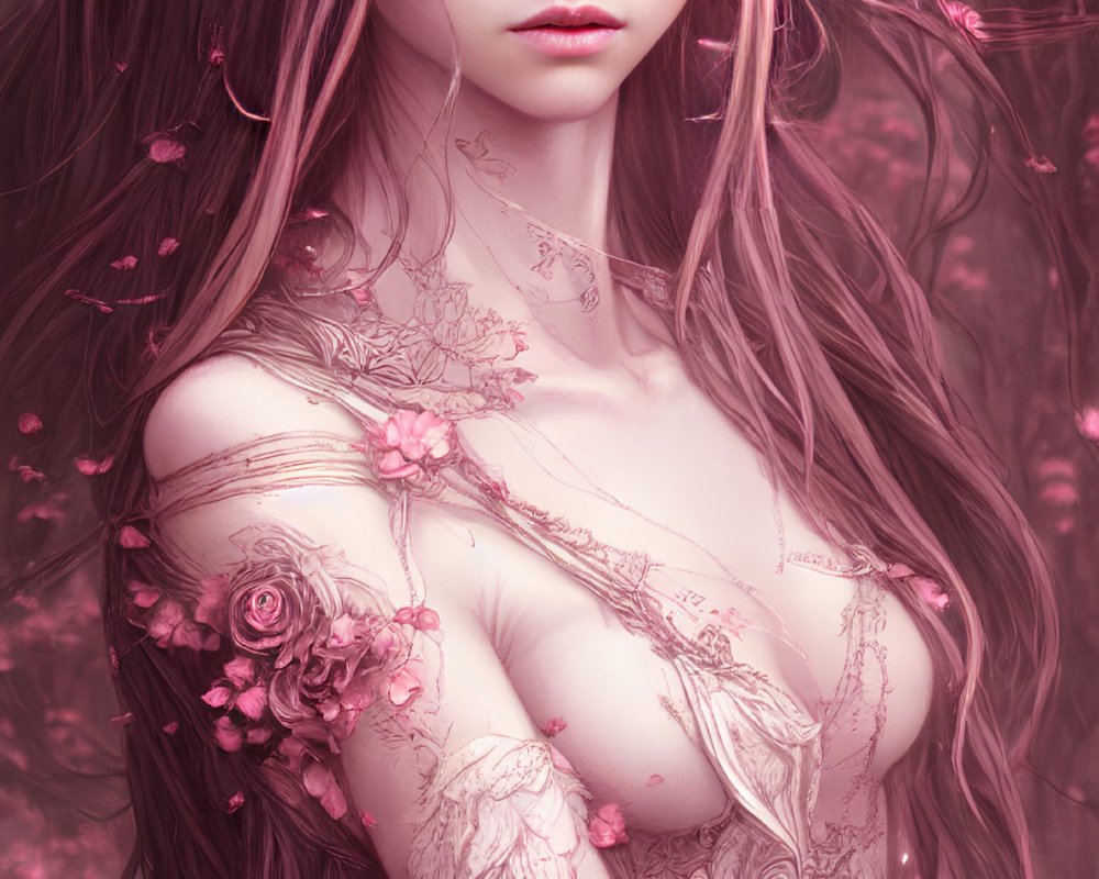 Fantasy digital artwork: Woman with pink floral tattoos in mystical forest