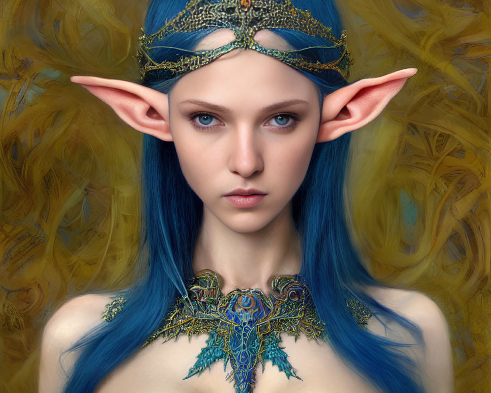 Fantasy elf digital art: Blue-haired elf with pointy ears and golden background