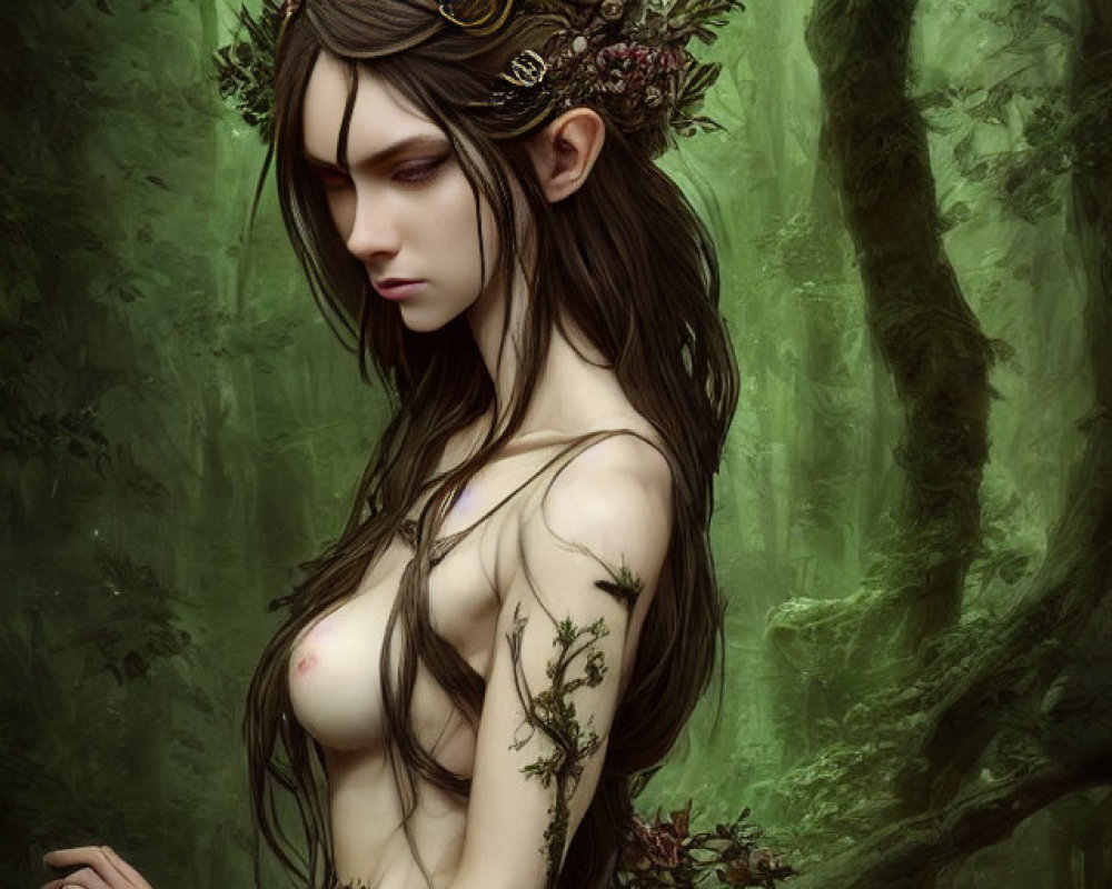 Fantasy Artwork: Female Figure with Botanical Elements in Mystical Forest