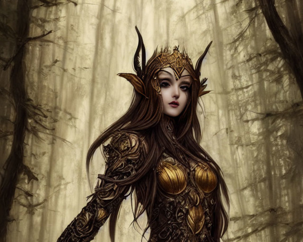 Ethereal fantasy illustration of woman in golden armor in enchanted forest