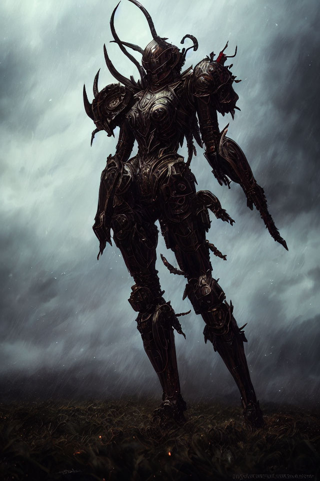 Dark Armored Figure with Glowing Eyes under Stormy Sky