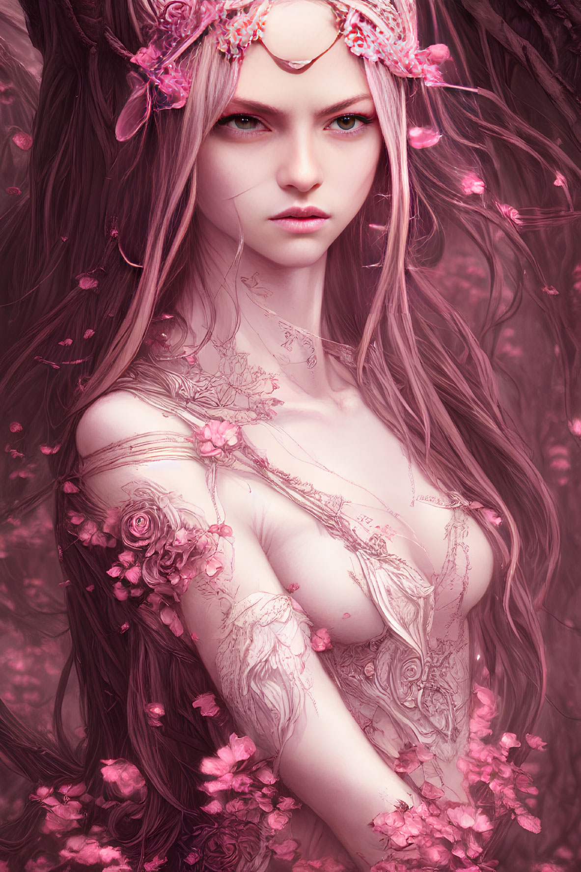 Fantasy digital artwork: Woman with pink floral tattoos in mystical forest