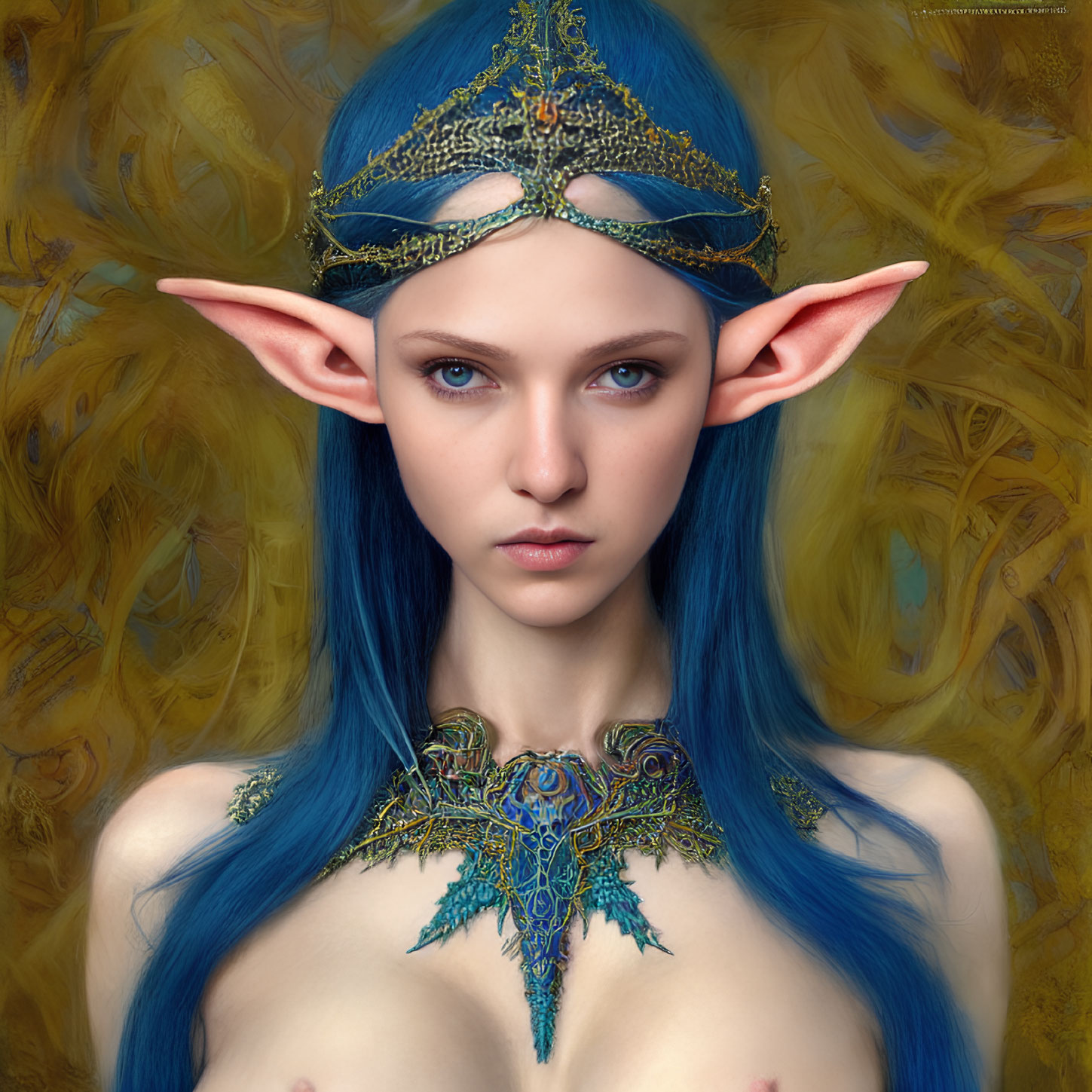 Fantasy elf digital art: Blue-haired elf with pointy ears and golden background