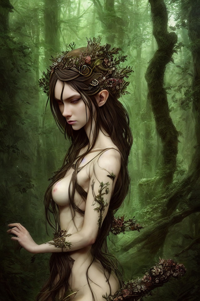 Fantasy Artwork: Female Figure with Botanical Elements in Mystical Forest