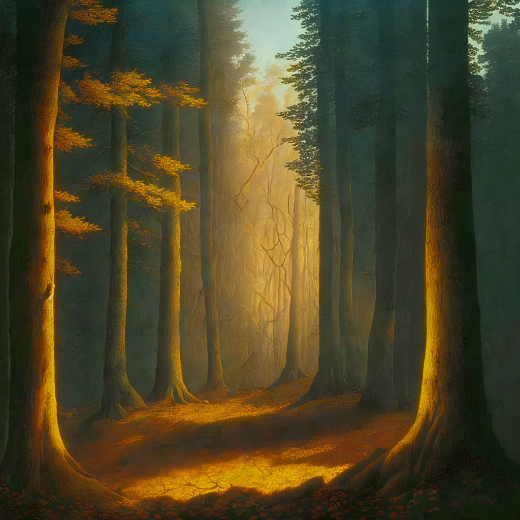 Misty forest illuminated by sunlight filtering through trees