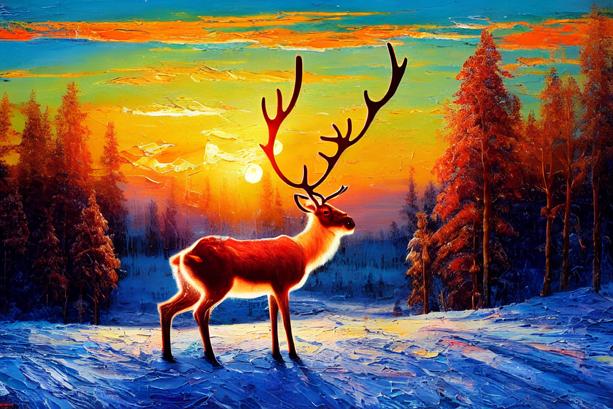 Reindeer in Snowy Landscape at Sunset with Pine Trees