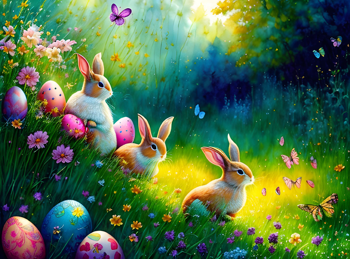 Colorful Easter rabbits in magical forest with eggs & flowers