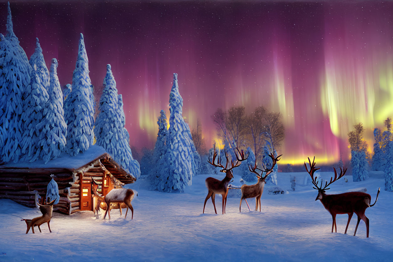 Snowy Winter Scene: Wooden Cabin, Reindeer, Aurora Borealis