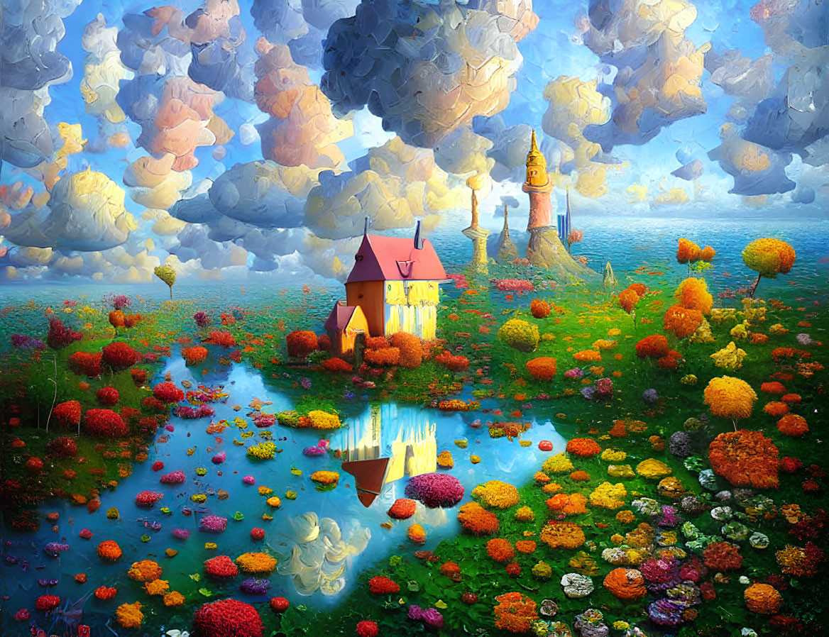 Colorful landscape with house, pond, flowers, castle, and fluffy clouds