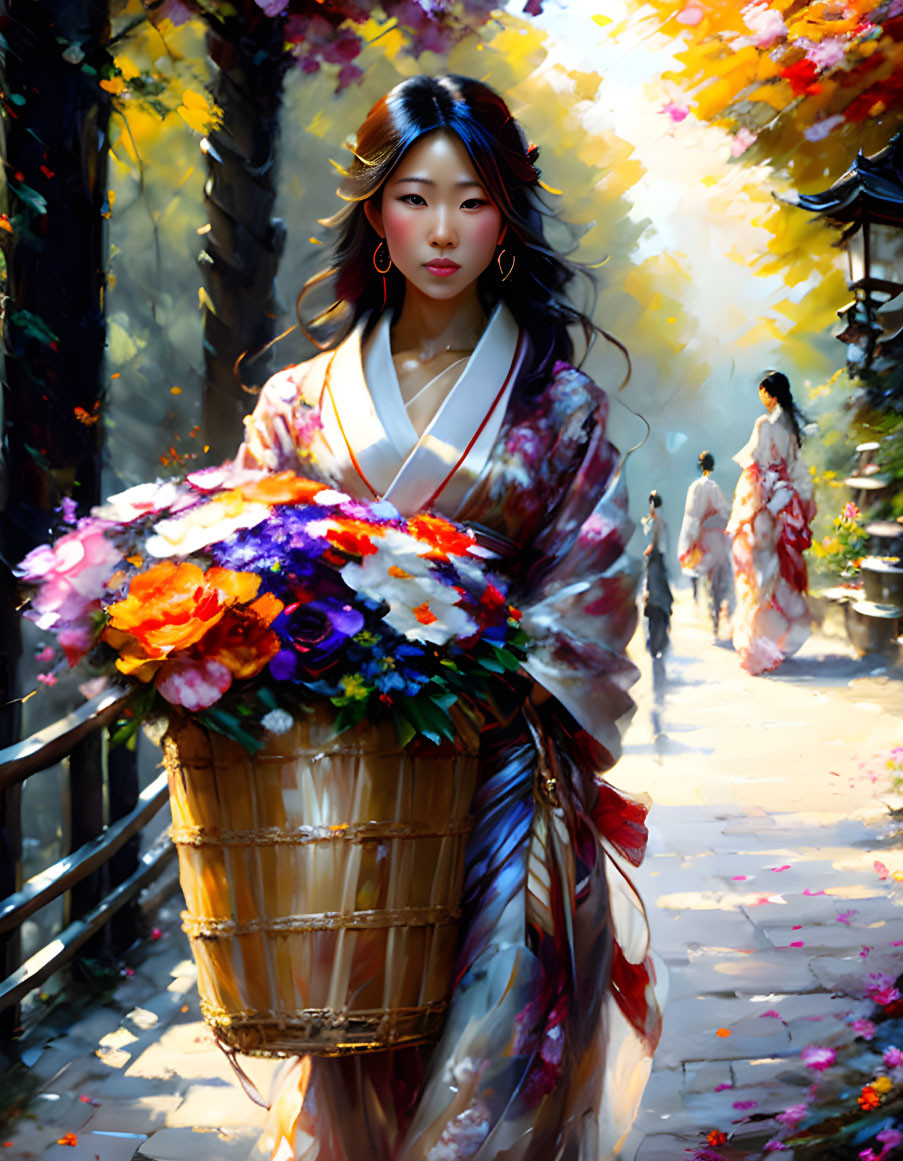 Traditional Attire Woman Carrying Basket of Flowers on Busy Autumn Street