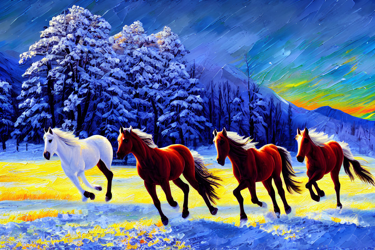 Winter scene: White horse leads three brown horses in snow-covered landscape