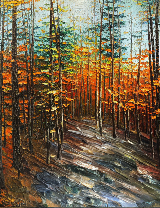 Autumnal forest oil painting with impasto brushwork and vibrant colors