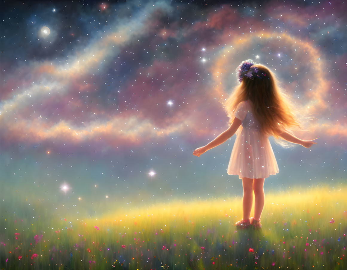 Young girl in white dress gazes at cosmic sky with stars, nebulae, and comet