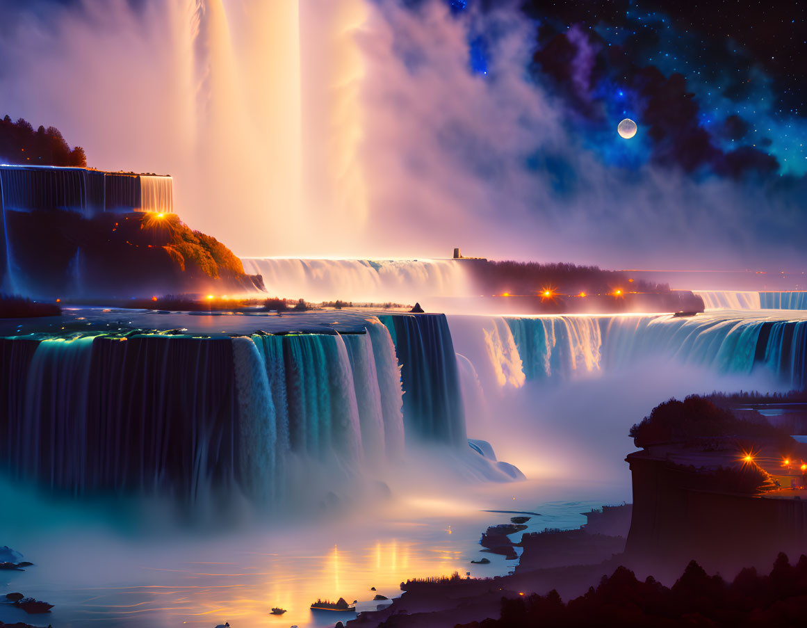 Niagara Falls night scene: illuminated water, crescent moon, city lights