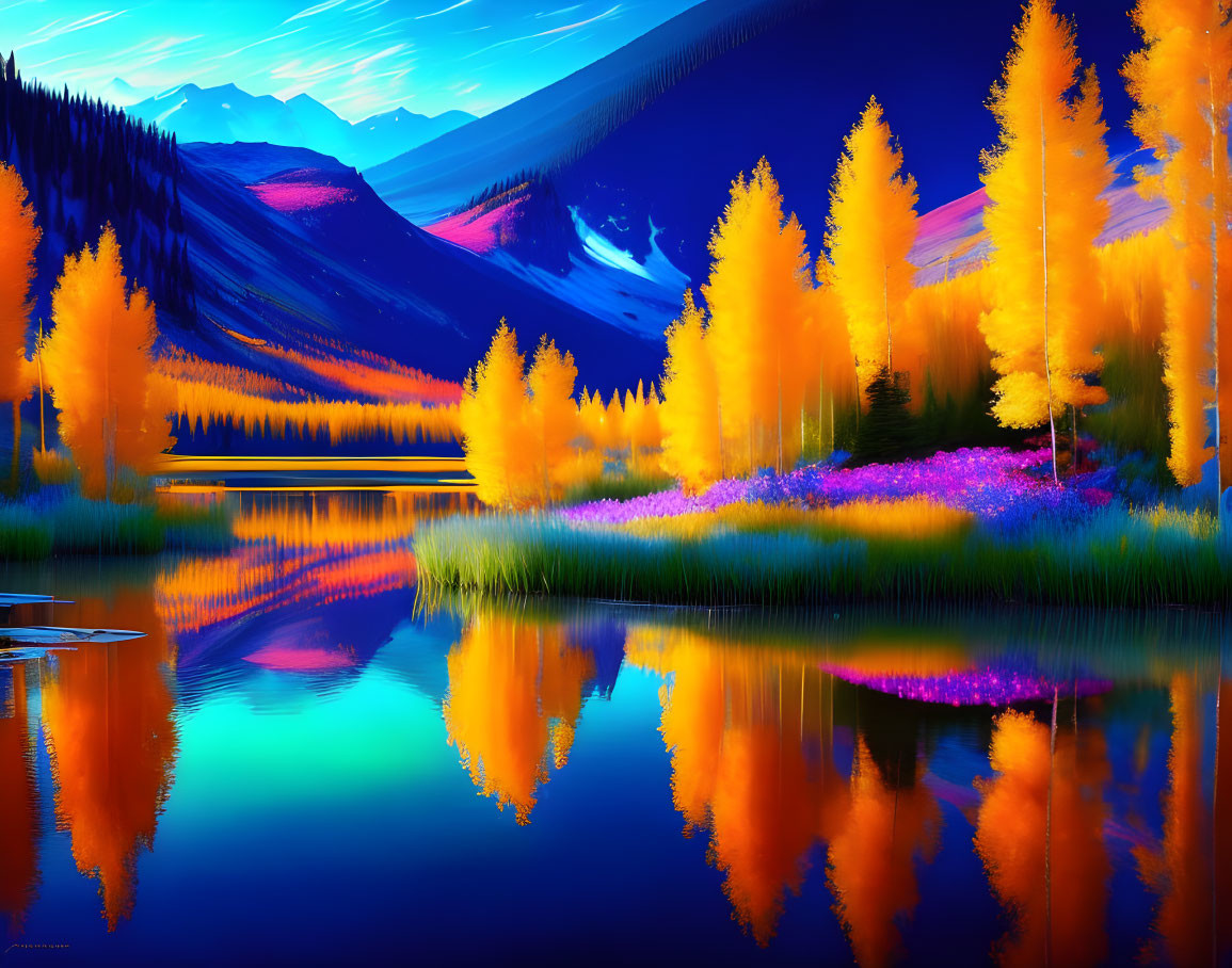 Surreal digital artwork of neon landscape with mountains and lake