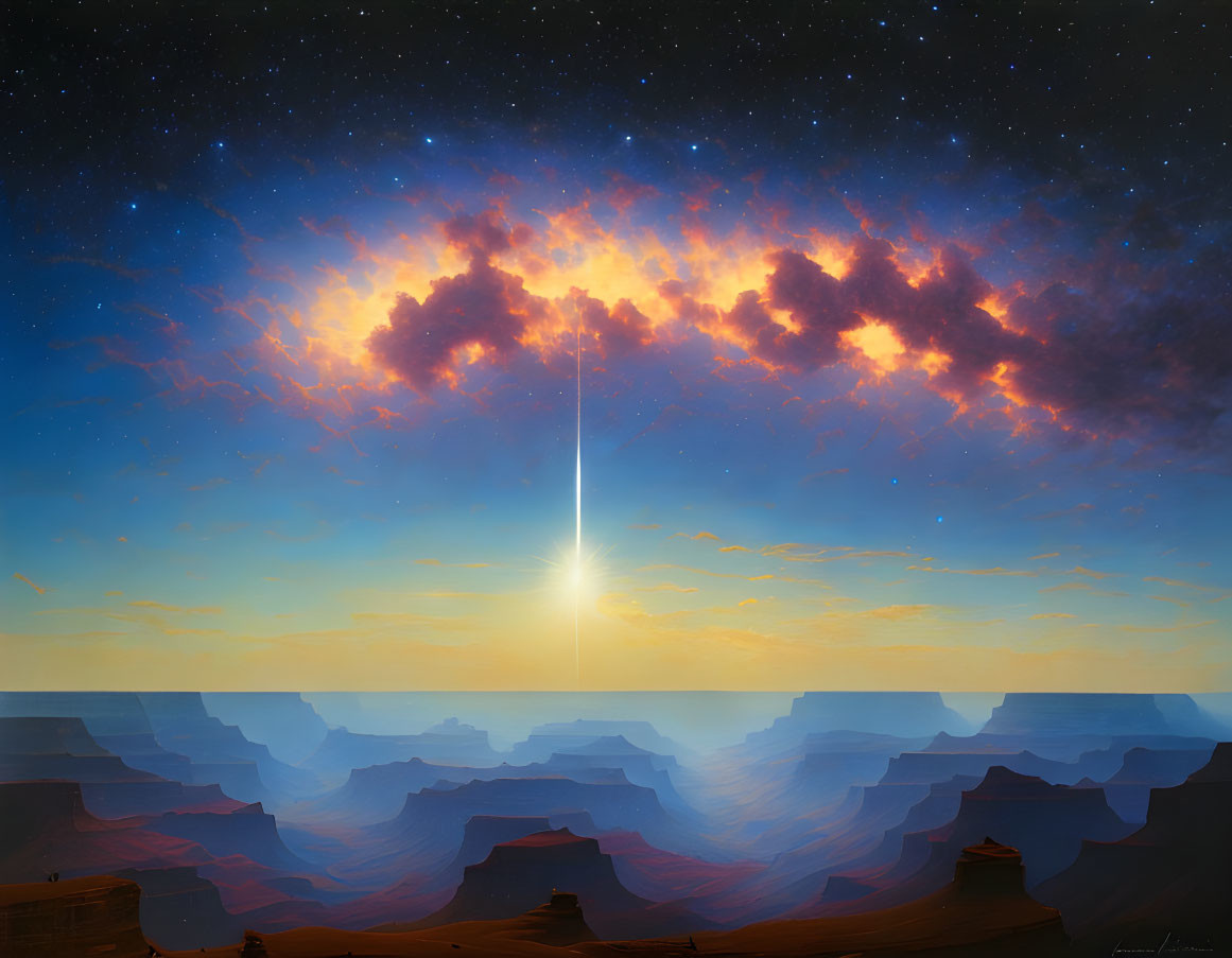 Sunset over canyon: digital art with blue mountains and starry sky