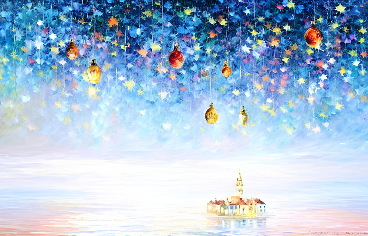 Vibrant painting of island church under starry sky with lanterns