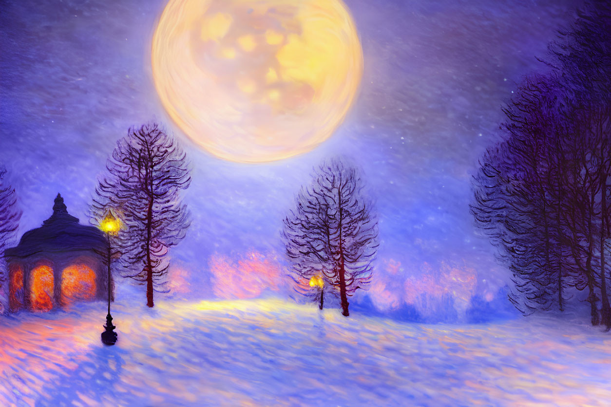 Snowy Night Landscape Painting with Full Moon, Lamp Post, Gazebo, and Silhouet