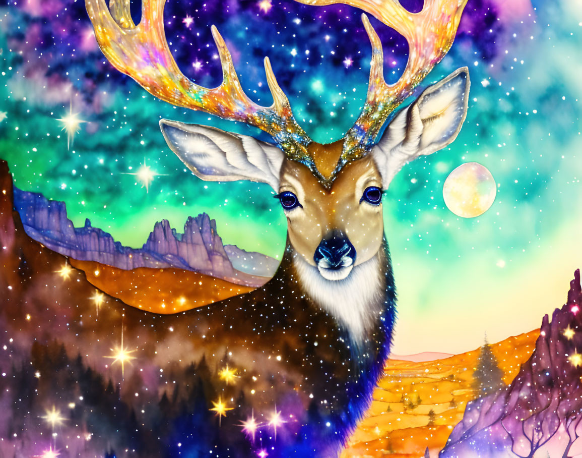 Cosmic deer with star-filled antlers in fantastical landscape