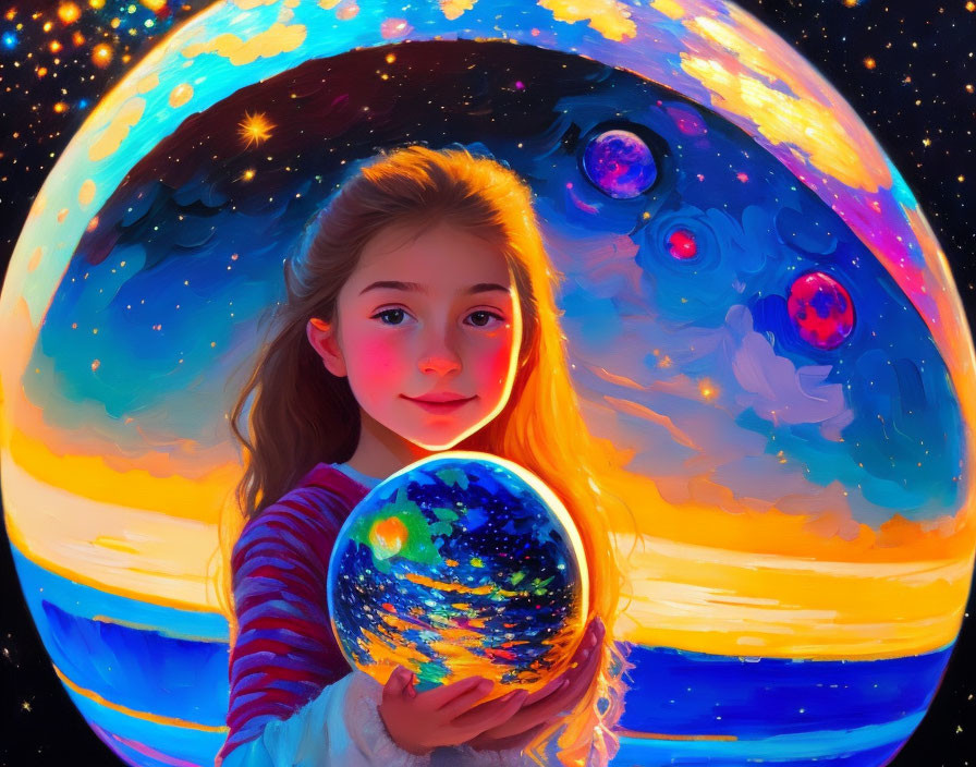 Girl holding cosmic orb with vibrant planet backdrop and starry sky