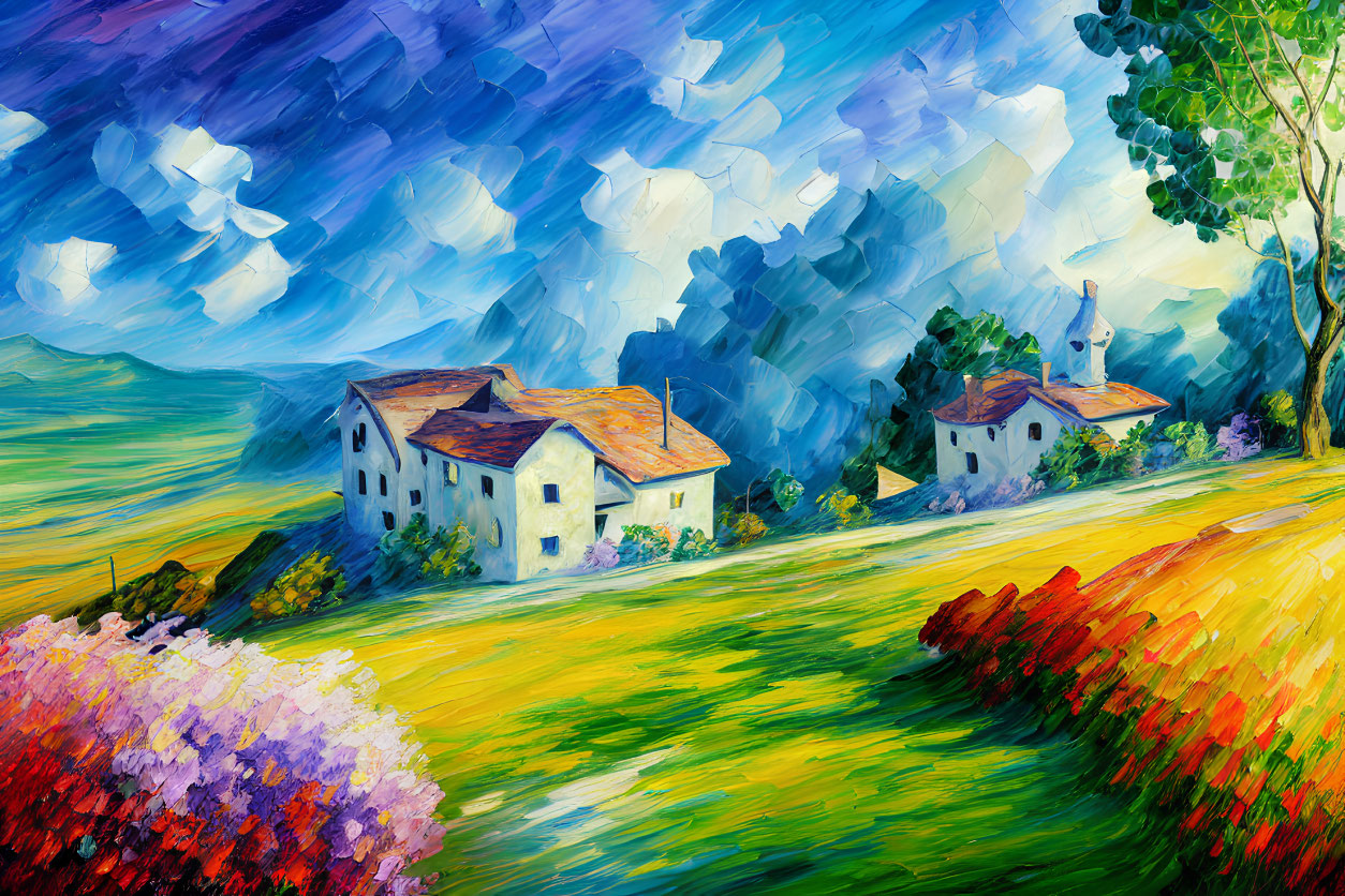 Colorful oil painting of rural landscape with cottages, church, trees, and dynamic sky