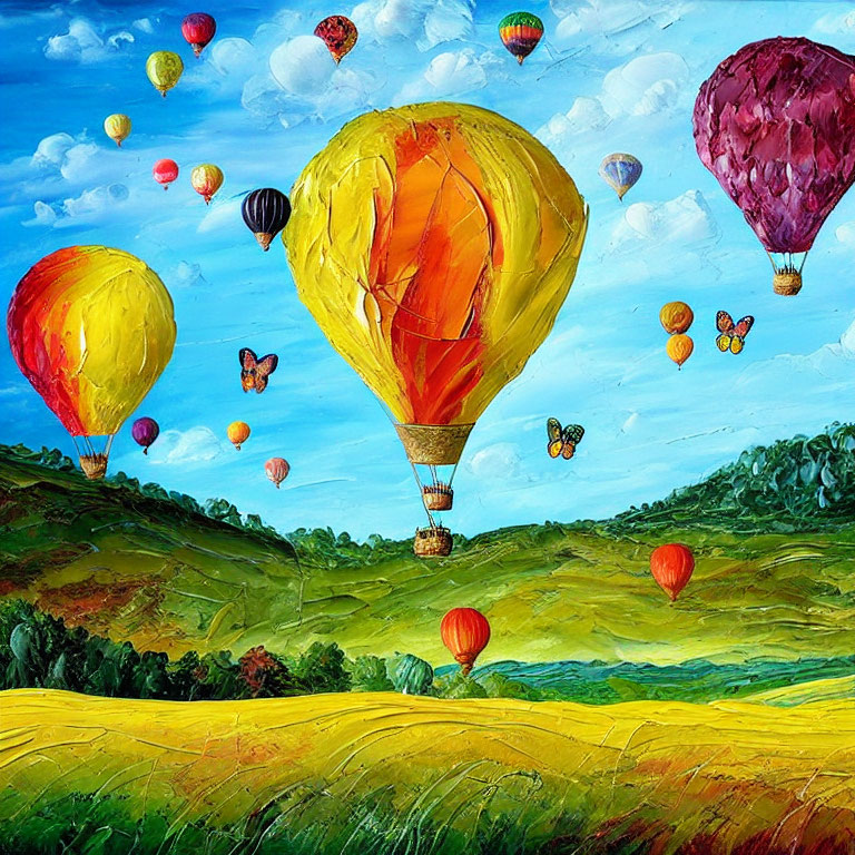 Vibrant hot air balloons over rolling green landscape