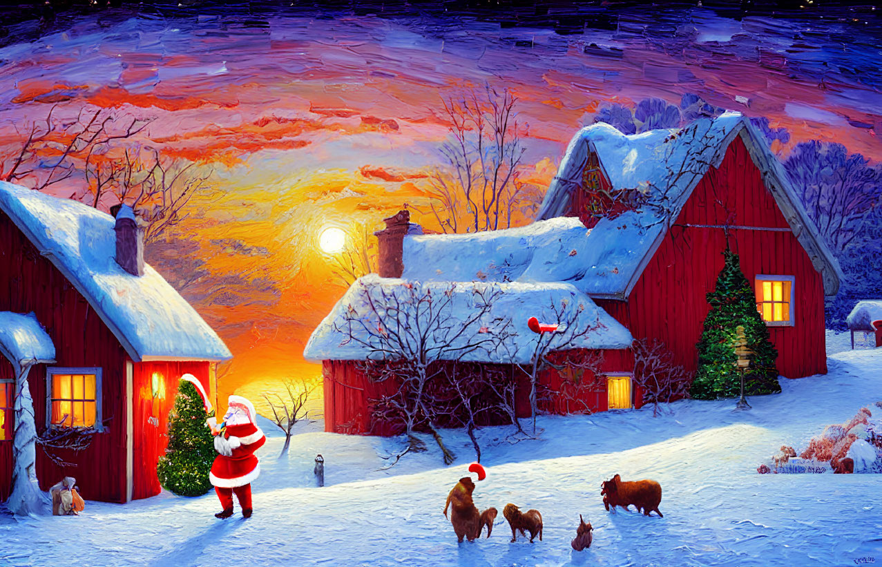 Santa Claus in Snowy Sunset Scene with Animals and Warm Glowing Houses