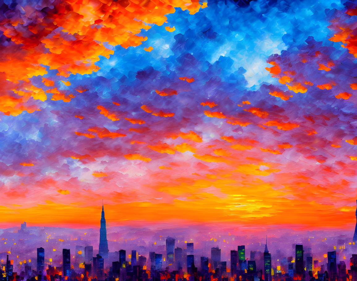 Colorful Sunset Cityscape with Silhouette Buildings in Vibrant Stylized Art