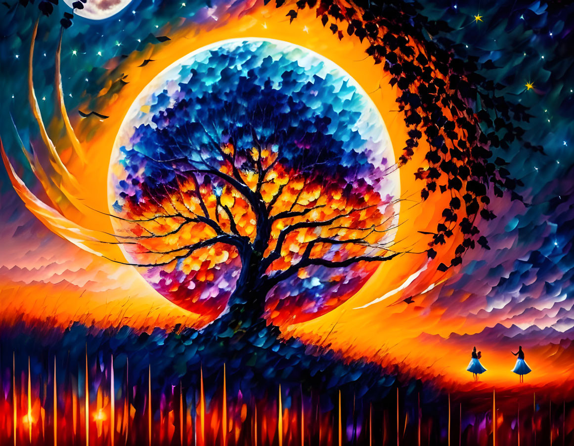 Colorful Tree Silhouette Painting with Moon, Sky Gradient, Shooting Stars, and Figures