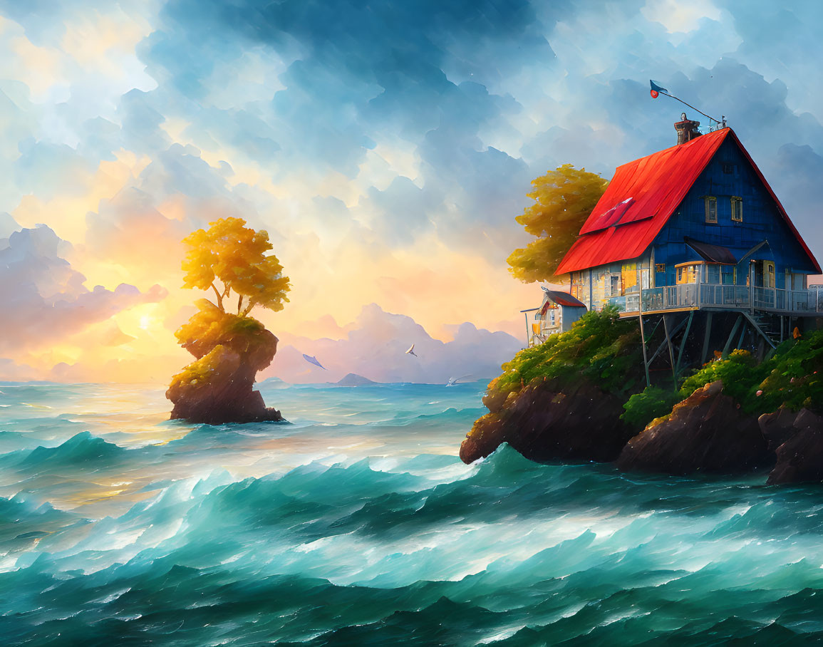 Seaside cliff house painting at sunset with red roof and turbulent waves