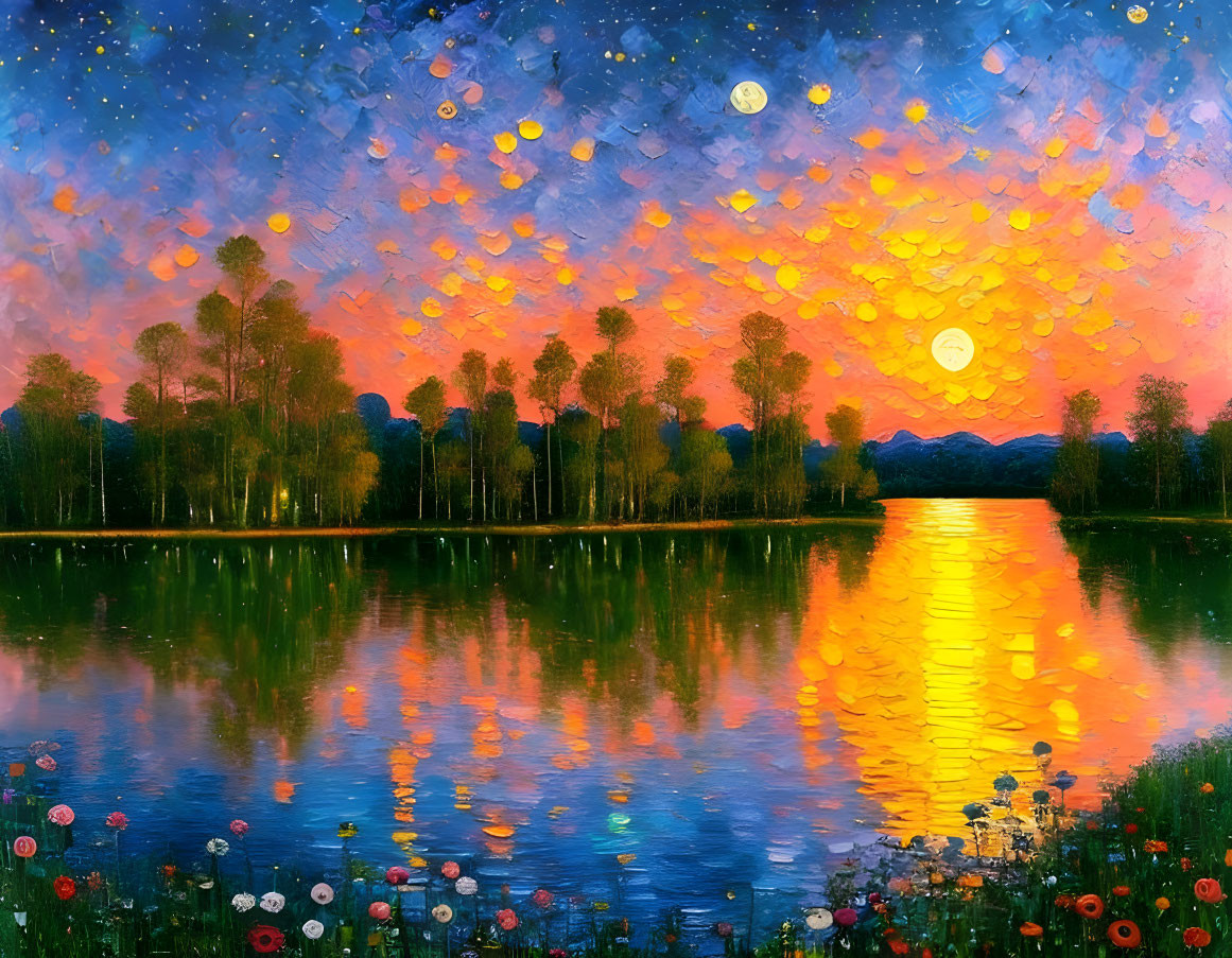 Colorful sunset painting by a lake with starry sky and flowers