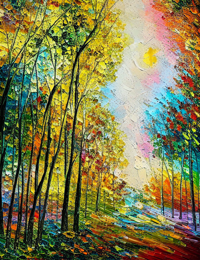 Colorful Autumn Forest Painting with Sunlight Streaming Through