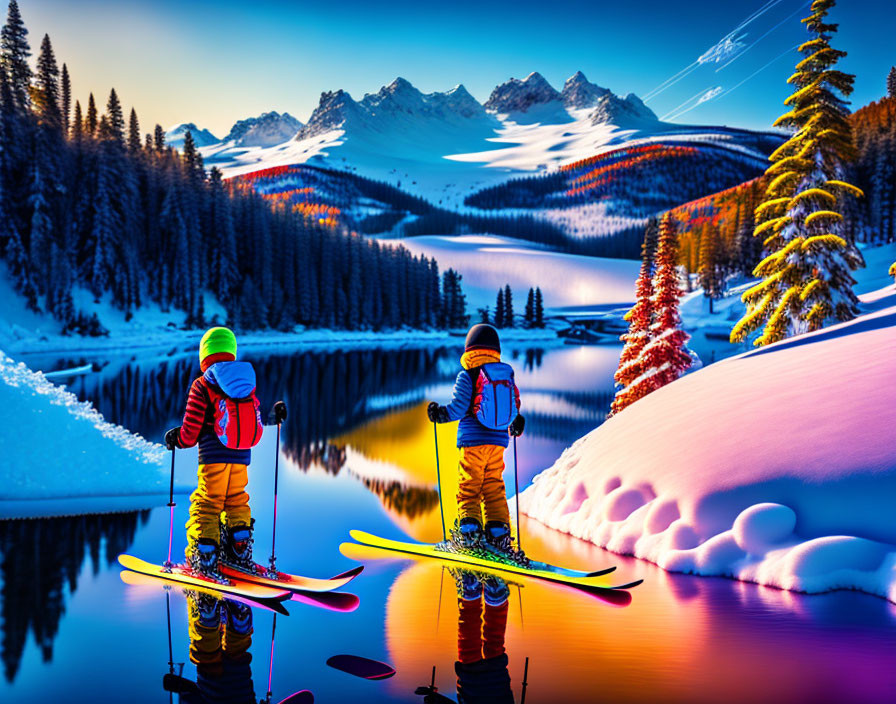 Two skiers by snowy lakeside at sunset with mountains and blue skies