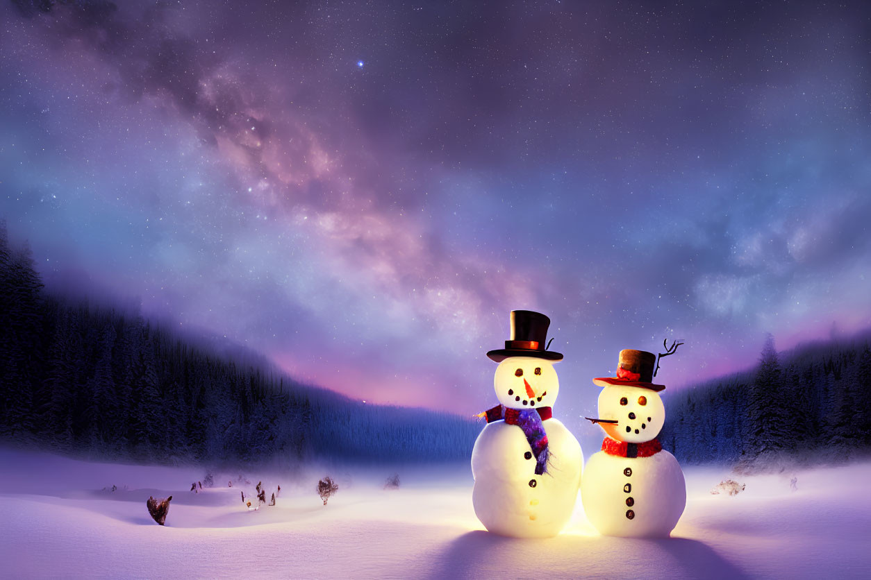 Snowmen with hats and scarves in snowy forest scene